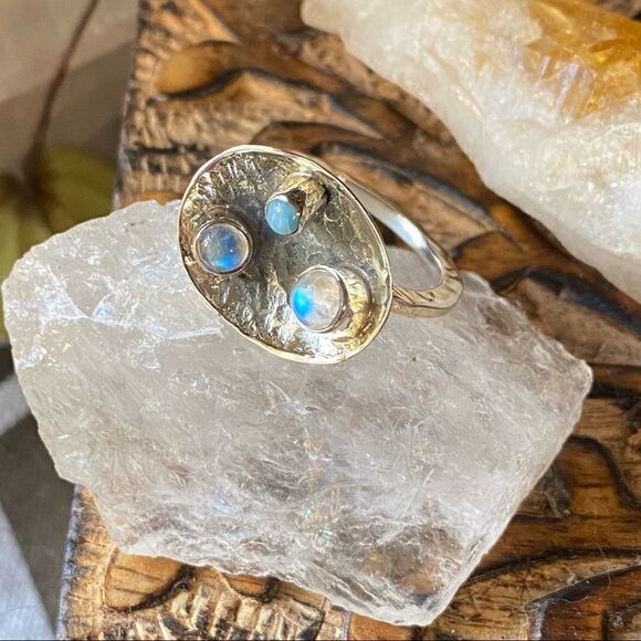 Larimar & Moonstone Israeli Hammered Sterling Silver Ring Size 9.5 - Picture 9 of 15